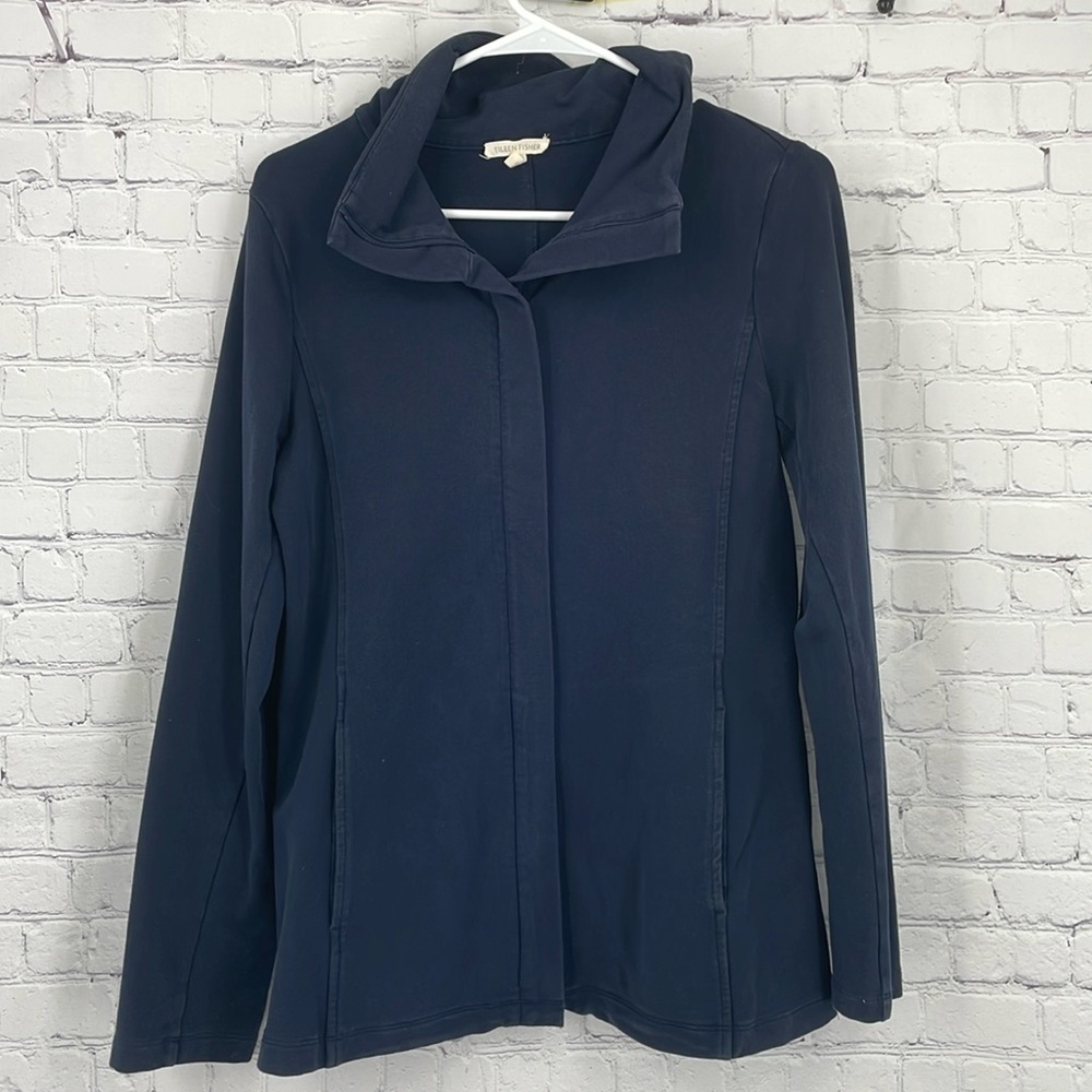 Eileen Fisher zip up jacket navy blue cotton 91% cotton 9% spandex